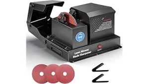The image shows a lawn mower blade sharpener attached to a blade, preparing for sharpening.