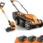 The image shows a person using an electric lawn mower in a green yard, likely from a Top 10 list.