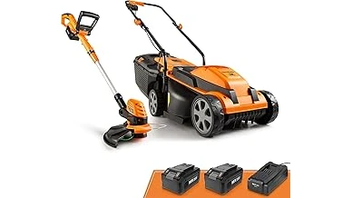 The image shows a person using an electric lawn mower in a green yard, likely from a Top 10 list.