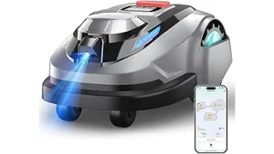The image shows a robotic lawn mower navigating a gentle slope in a lush yard.