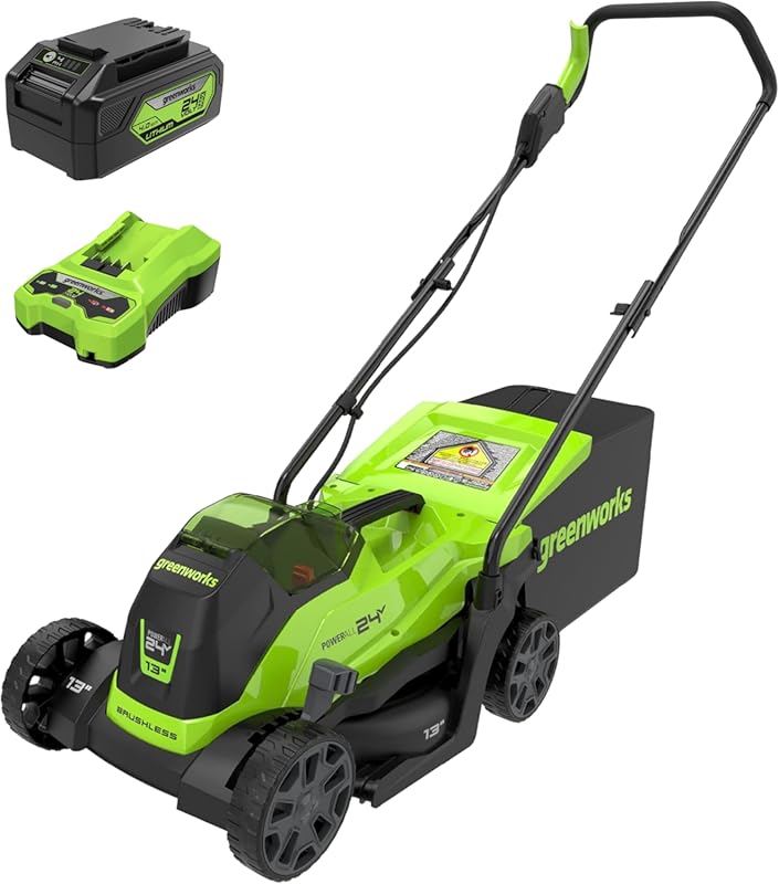 Greenworks 24V 13-Inch Brushless Cordless Push Lawn Mower with Mulch a