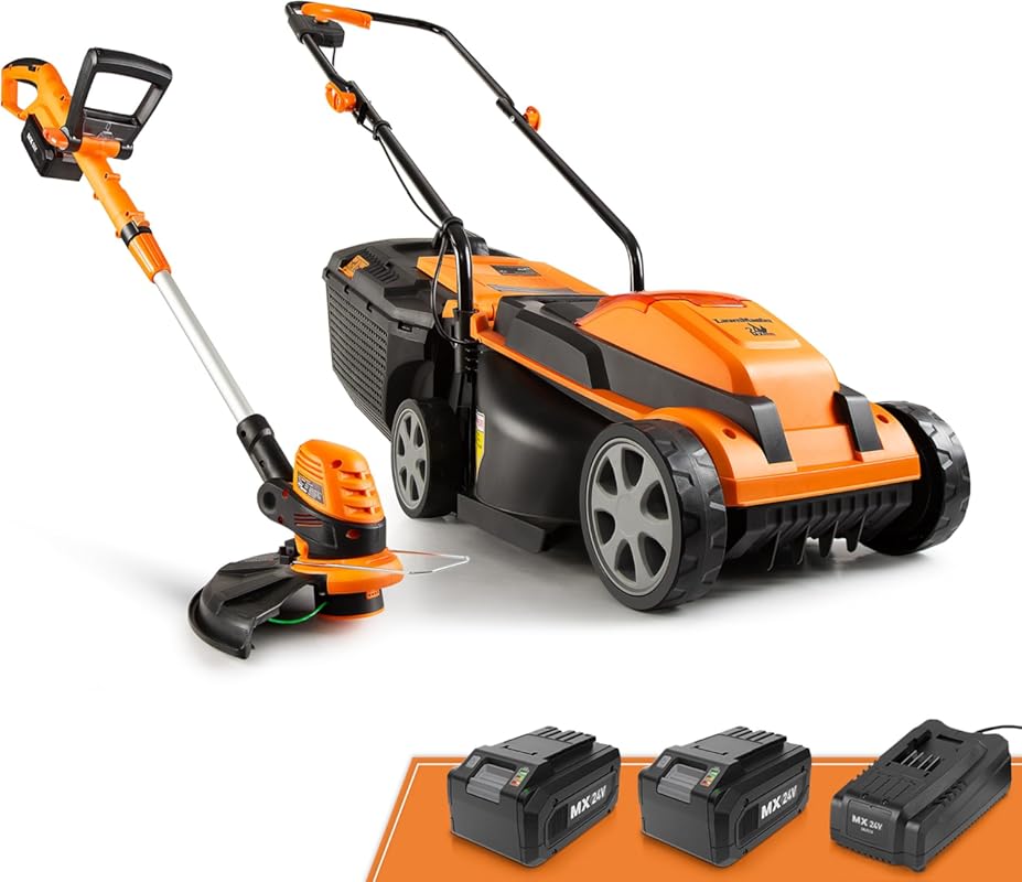 LawnMaster 13-Inch Cordless Lawn Mower and Grass Trimmer Combo. Includ