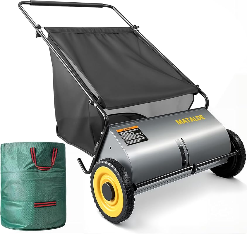 Best 26-inch Push Lawn Sweeper with 7.5 Cu. Ft. Hopper, 4 Brushes, Adj