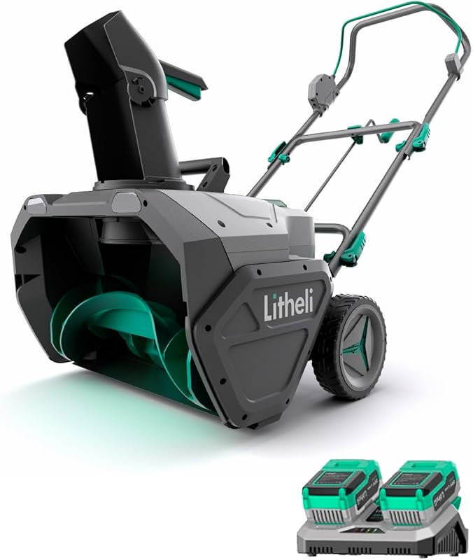 Litheli 20-inch 40V Cordless Brushless Snow Blower with Adjustable Chute, LED Lights, Battery, Charger.